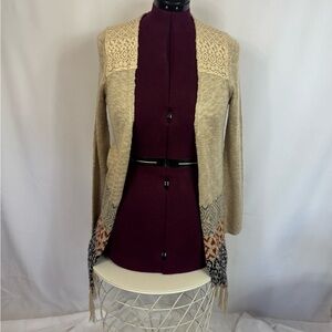 Jolt Boho Fringe Cardigan Women’s Medium Cream Tribal Knit Duster Festival